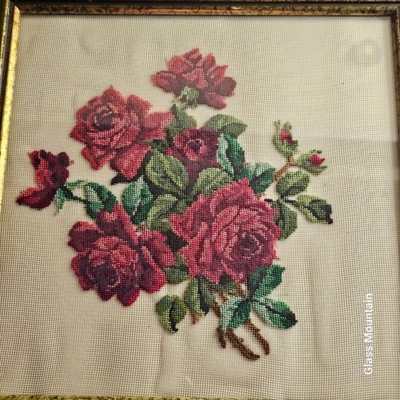 SOLD - Vintage Needlepoint Floral Roses 10X10 Framed Hanging Wall Artwork - Picture 2 of 8